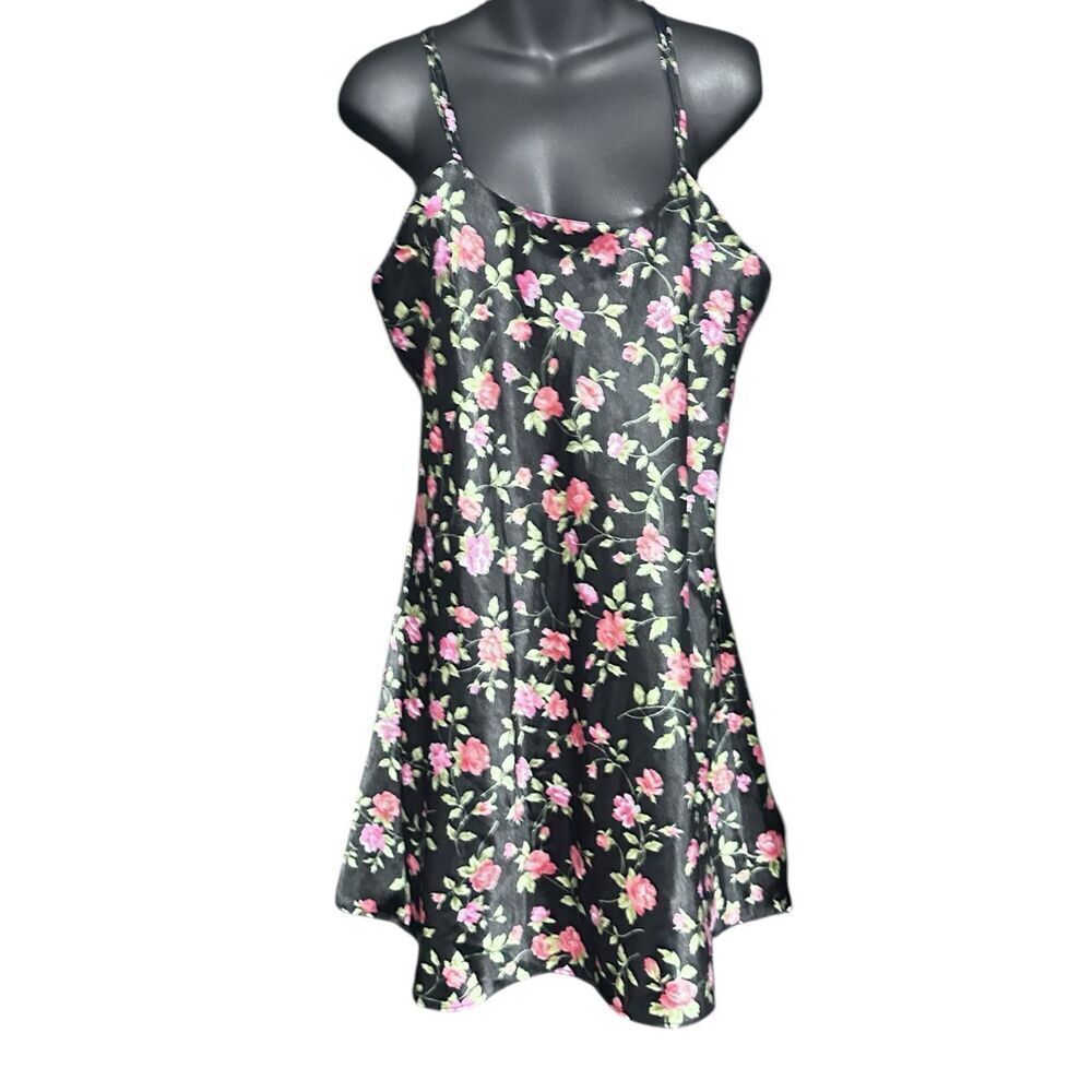 Beautiful Rare Vintage Intimate Moods‎ Satin Night Womens Slip Chemise Black AND